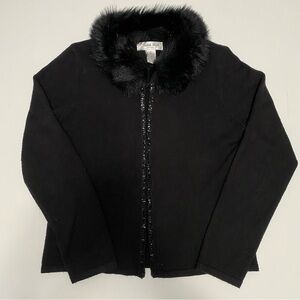 Vtg Judith Hart Petite Women's Black Faux Fur Collar Sweater M Mob Wife Holiday